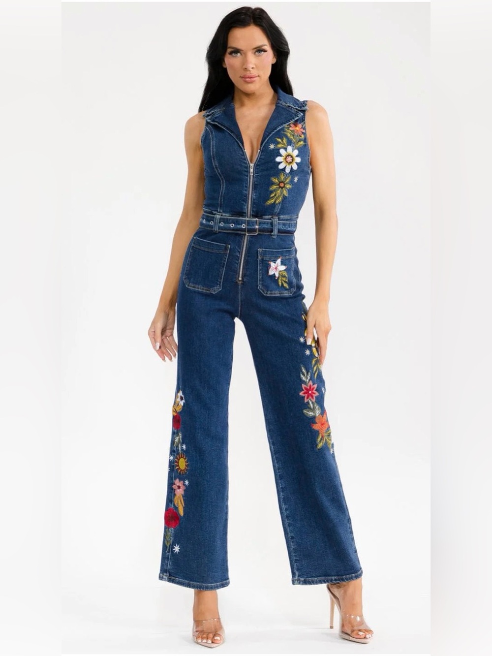 A638. Retro Floral Embroidered Denim Jumpsuit
